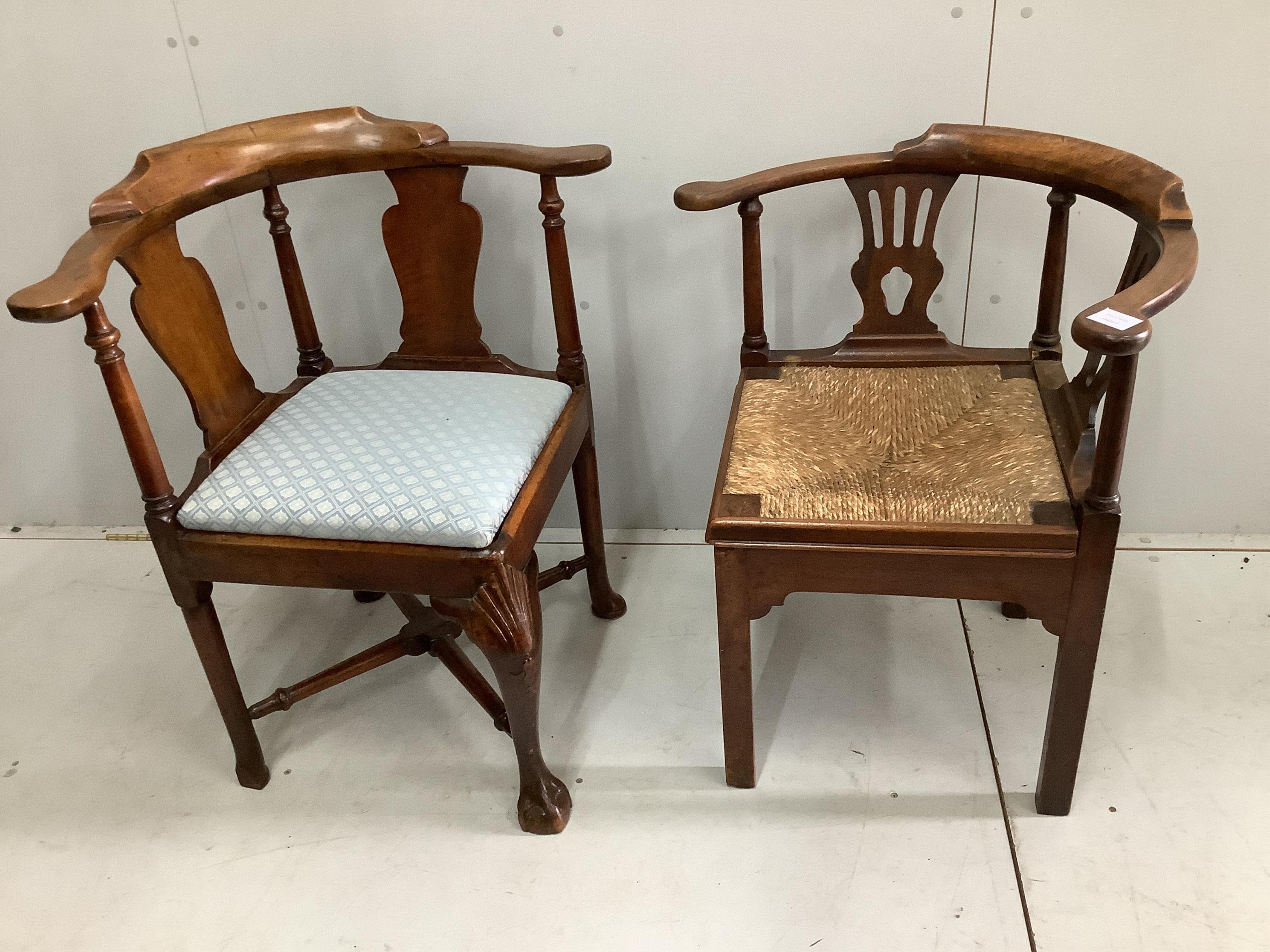 A George III mahogany corner elbow chair, width 77cm and a rush seat corner elbow chair, width 71cm. Condition - fair, some losses and old worm holes